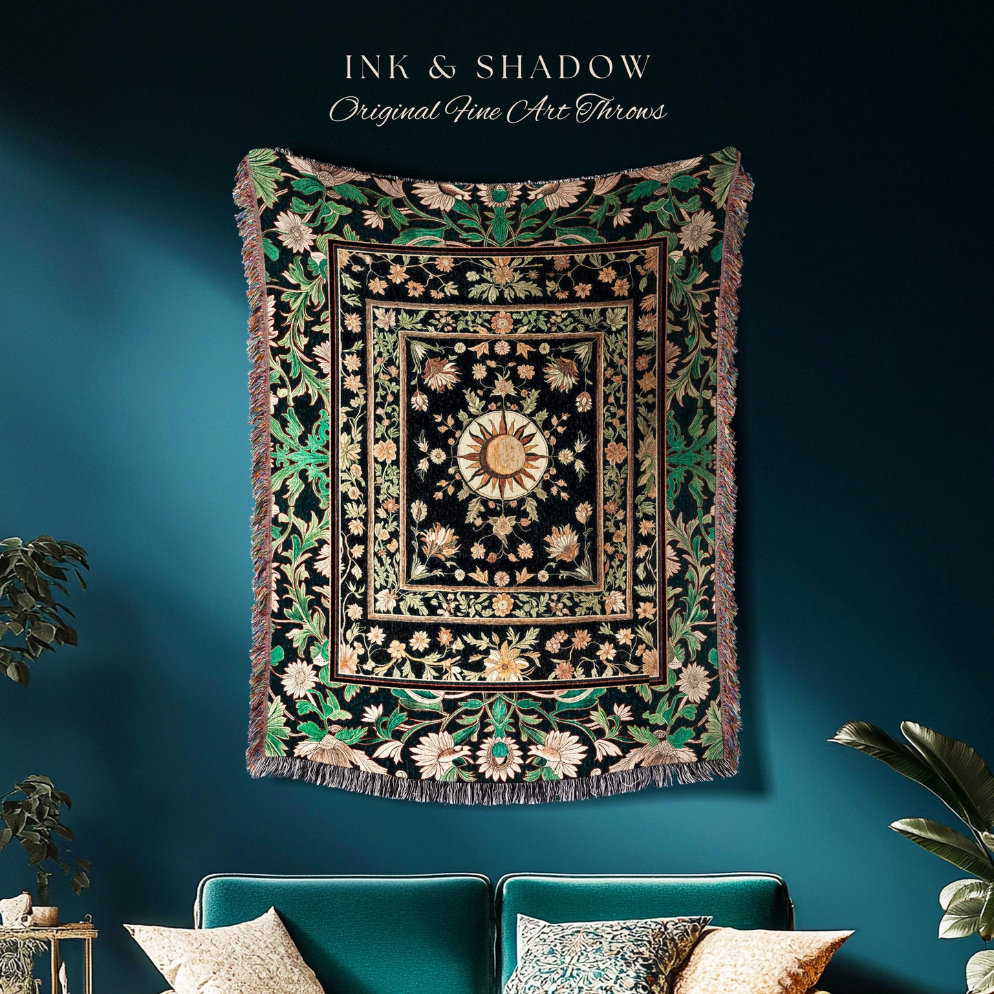 Witchy Sun Dark Academia Throw | Bohemian Rustic Whimsical Gothic Maximalist Bedroom Woven Tapestry Whimsical Celestial Astrology Aesthetic