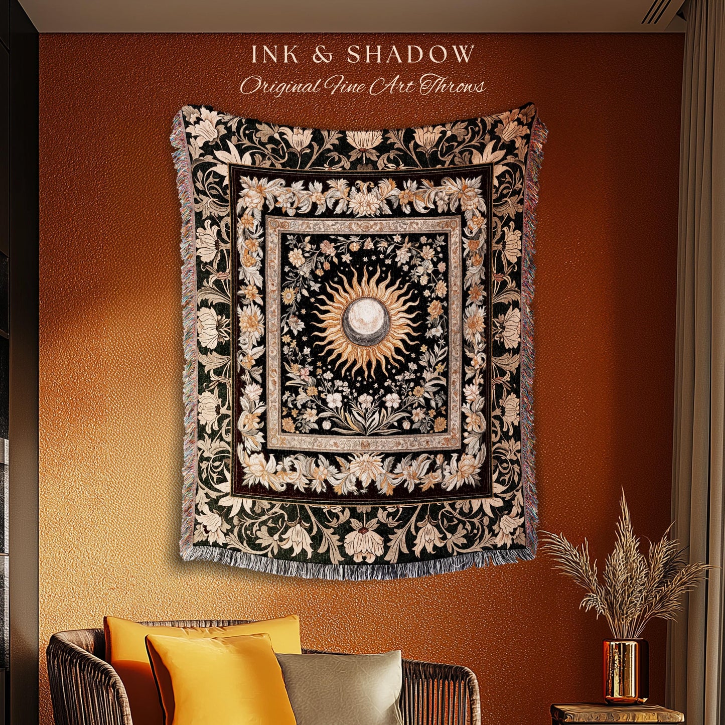 Divine Aesthetic Sun and Moon Tapestry | Magical Astrology Celestial Whimsigothic Boho Woven Wall Art Mystic Magic Maximalist Throw Blanket