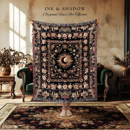 Cosmic Elegance Celestial Wall Tapestry | Dark Cottagecore Moon & Sun Ethereal Woven Throw Blanket Divine Aesthetic Witchy Bohemian Eclectic