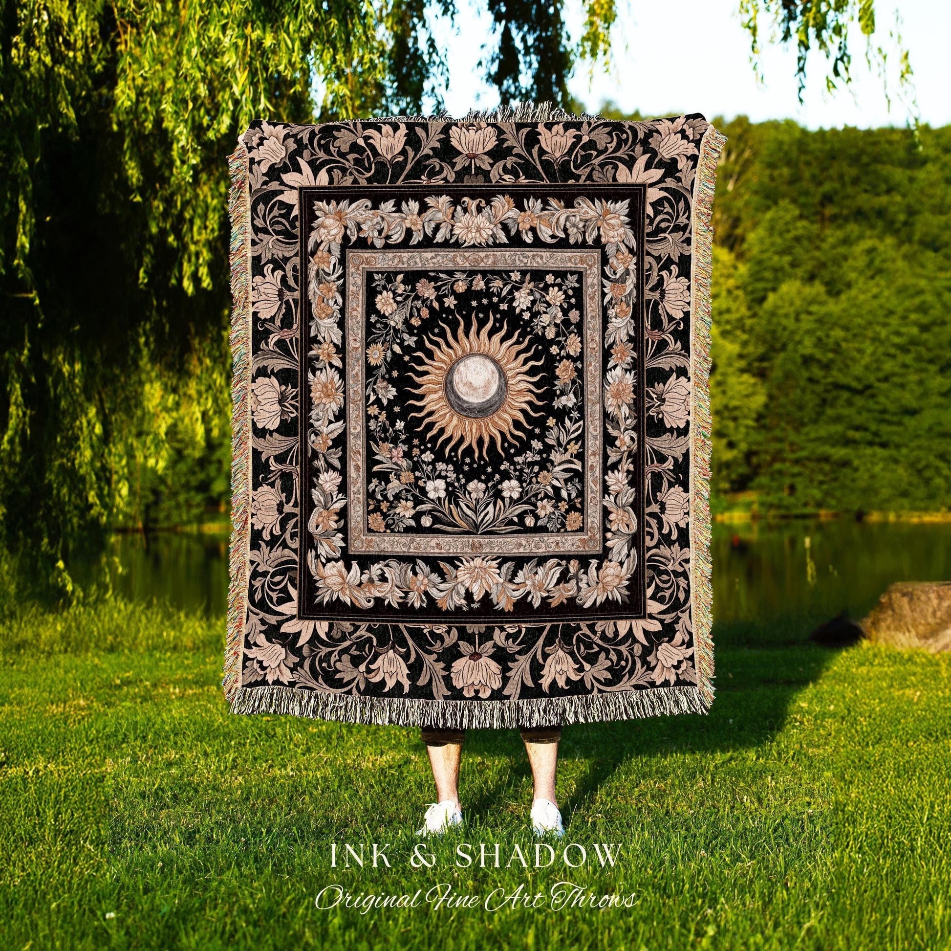 Divine Aesthetic Sun and Moon Tapestry | Magical Astrology Celestial Whimsigothic Boho Woven Wall Art Mystic Magic Maximalist Throw Blanket