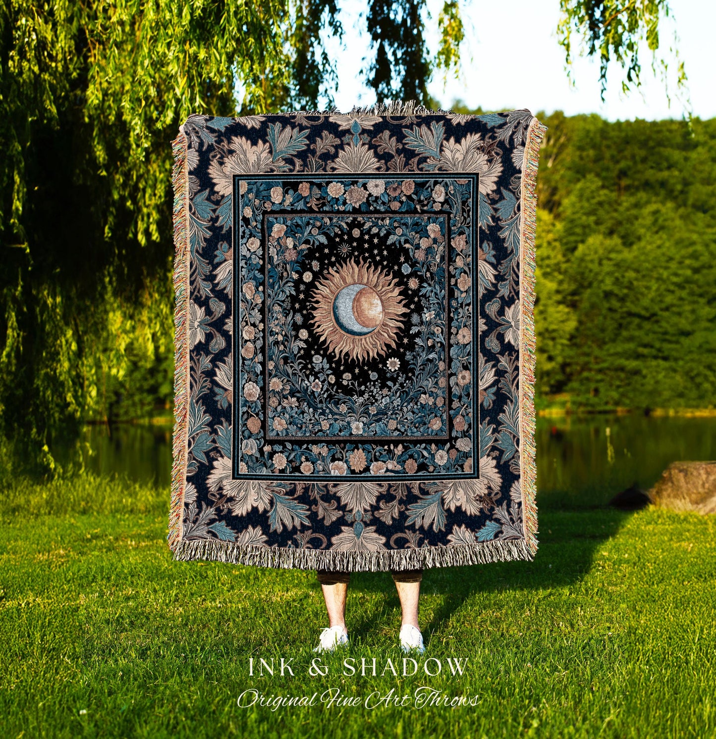 Lunar Energy Peaceful Woven Tapestry | Gothic Bohemian Astrology Mystic Whimsical Sun & Moon Maximalist Witchy Tarot Celestial Throw Blanket