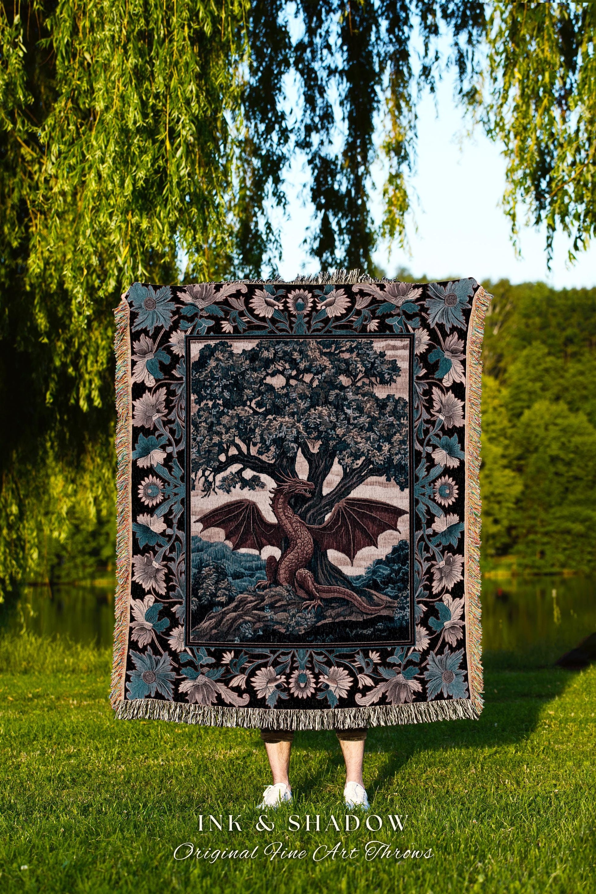 Rustic Medieval Fantasy Dragon Tapestry | Romantic Aesthetic Baroque Bedroom Fantasy Tree Woven Wall Tapestry Blanket Mythical Creatures Art