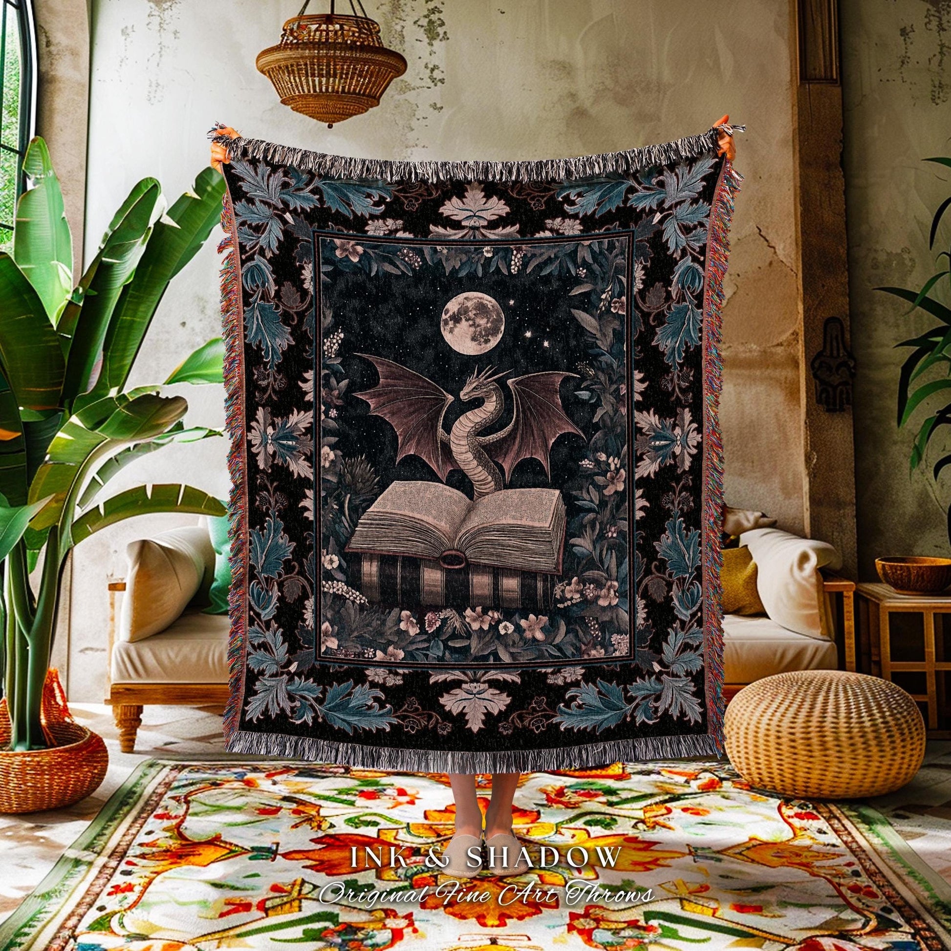 Dark Magic Dragon Theme Tapestry | Mystic Academia Medieval Fantasy Throw Blanket Moonlit Romantic Baroque Tree Woven Wall Art Reading Gift