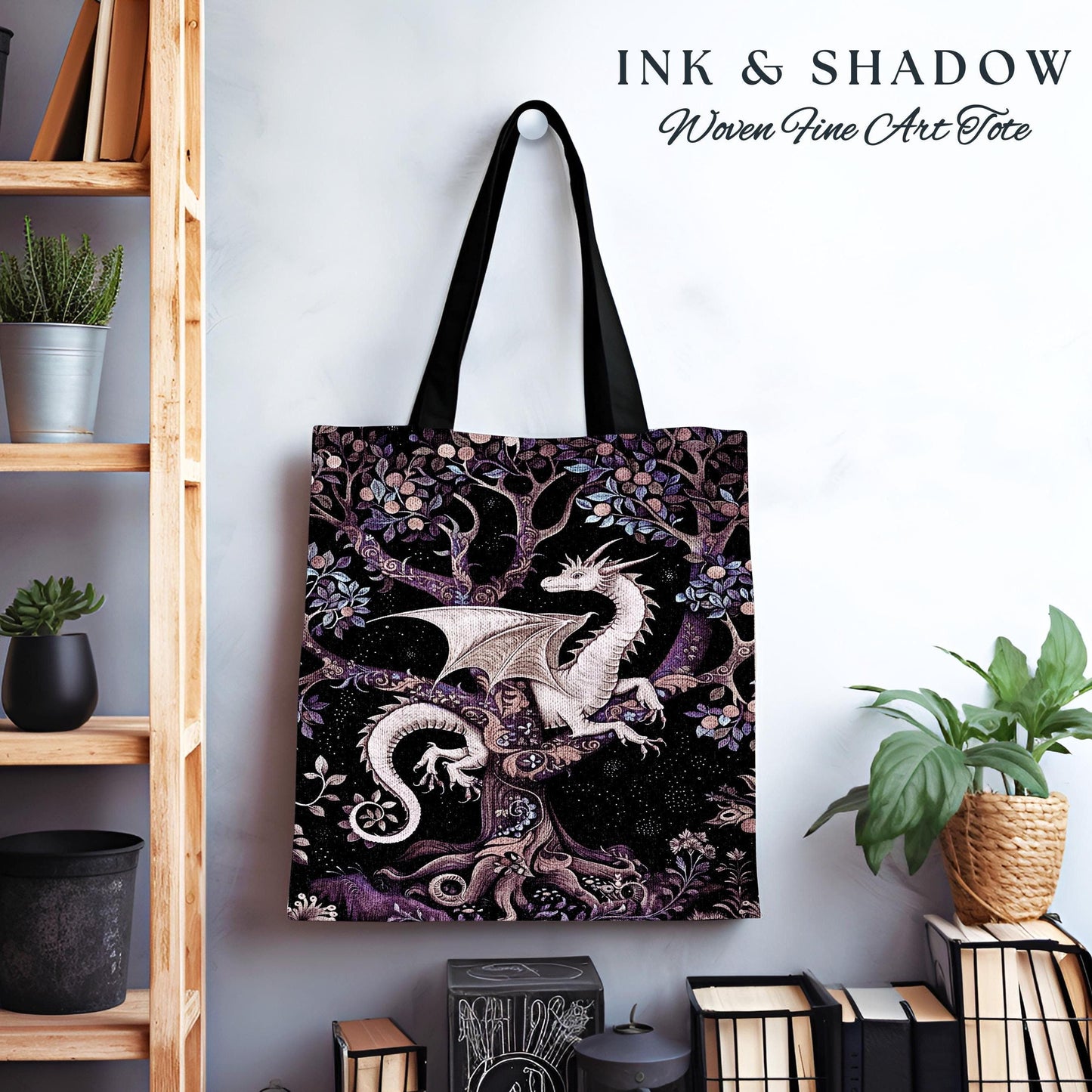 Bohemian Mystic Dragon Tapestry Tote Whimsical Celestial Night Dark Nature Art | Boho Fantasy Eclectic Dark Purple Mystic Forestcore Bag |