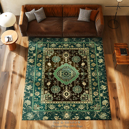 Dark Academia Emerald Statement Rug | Reading Nook Cozy Floor Rug Ornate Rug with Blue Green Detail Cottagecore Victorian Gothic Aesthetic