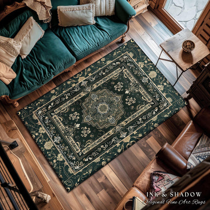 a living room with a green couch and rug