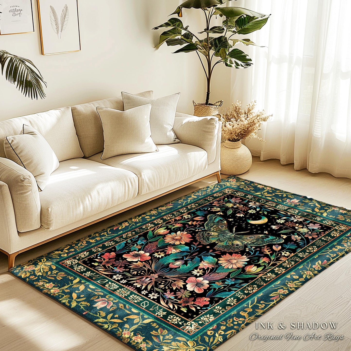 Mystic Moonlit Garden Moth Rug Whimigothic Fairycore Decor | Dark Floral Witchy Moth Rug Whimsical Home Decor Butterfly Cottagecore Rug Gift