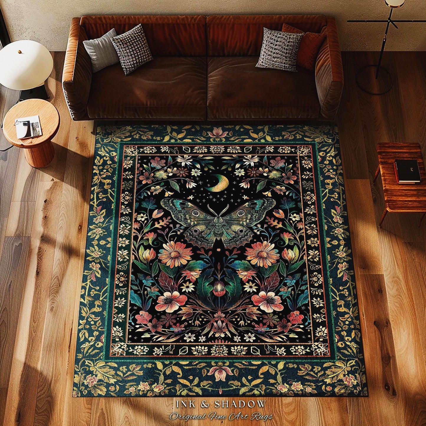 a living room with a couch and a rug on the floor