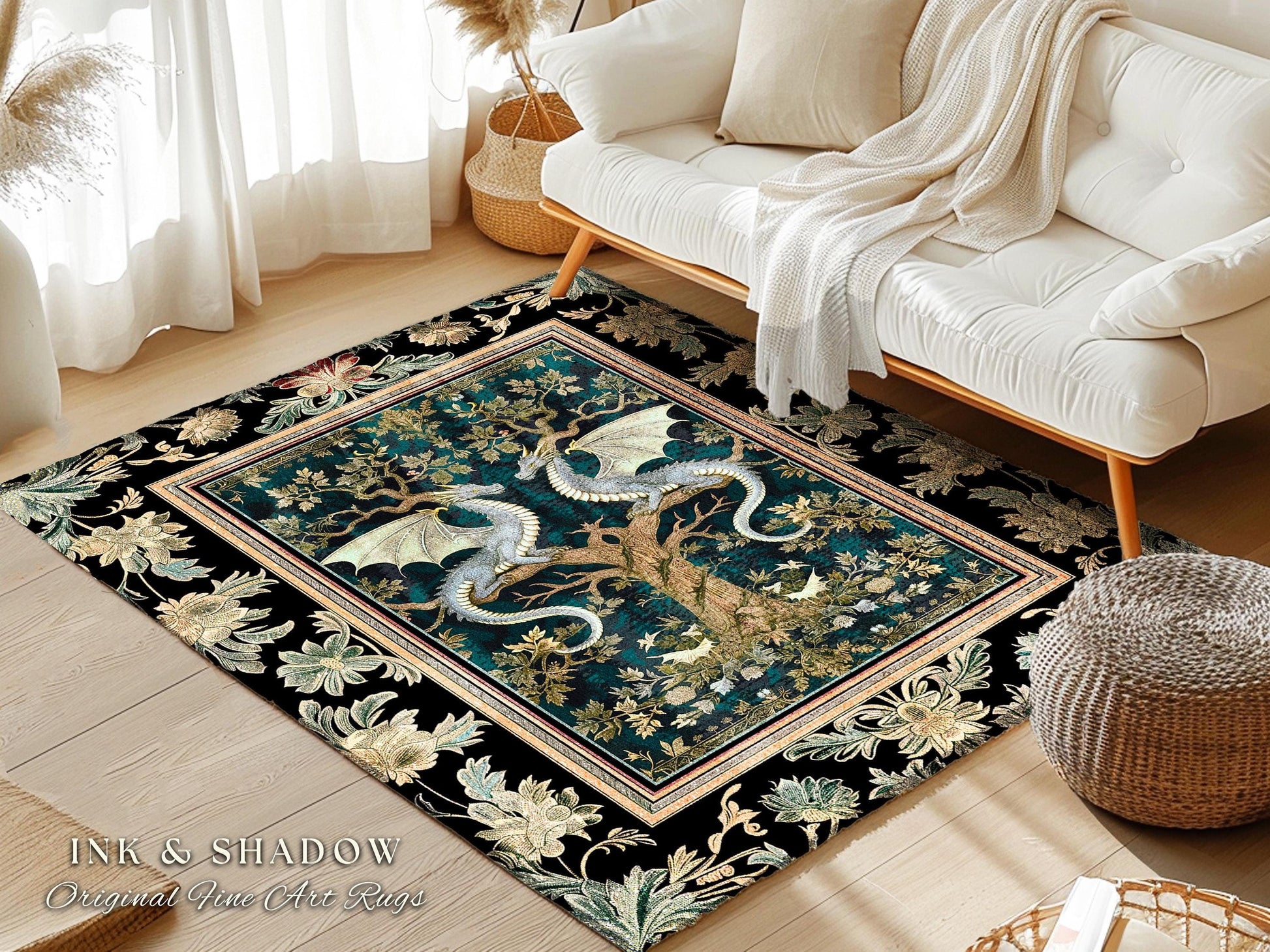 Mystical Victorian Dragon Rug Ornate Floral Art Nouveau Design, Enchanted Baroque Forest Fantasy | Medieval Gothic Cottagecore Accent Decor