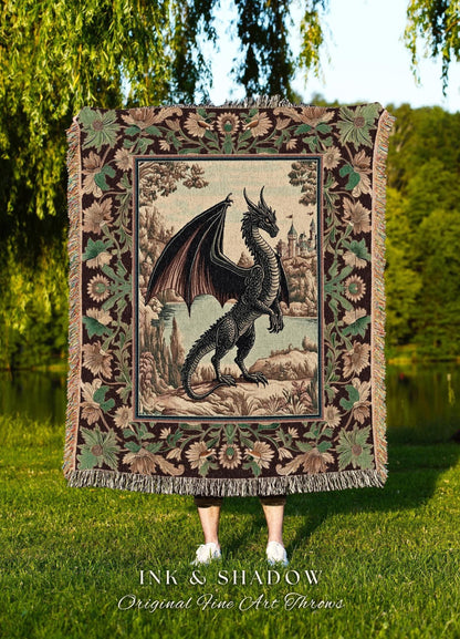 Dark Maximalist Dragon Throw Blanket Woven | Victorian Floral Woodland Fairytale Tapestry Whimsigothic Dark Academia Decor Mystic Folklore