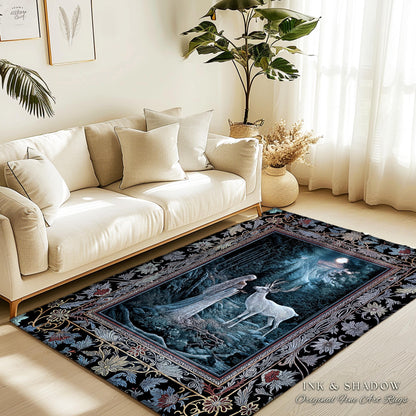 Midnight Magic Moonlit Fantasy Rug | Forest Goddess Spirit Animal Fairycore Ethereal Accent Rug Folklore Inspired Nature Area Rug Whimsigoth