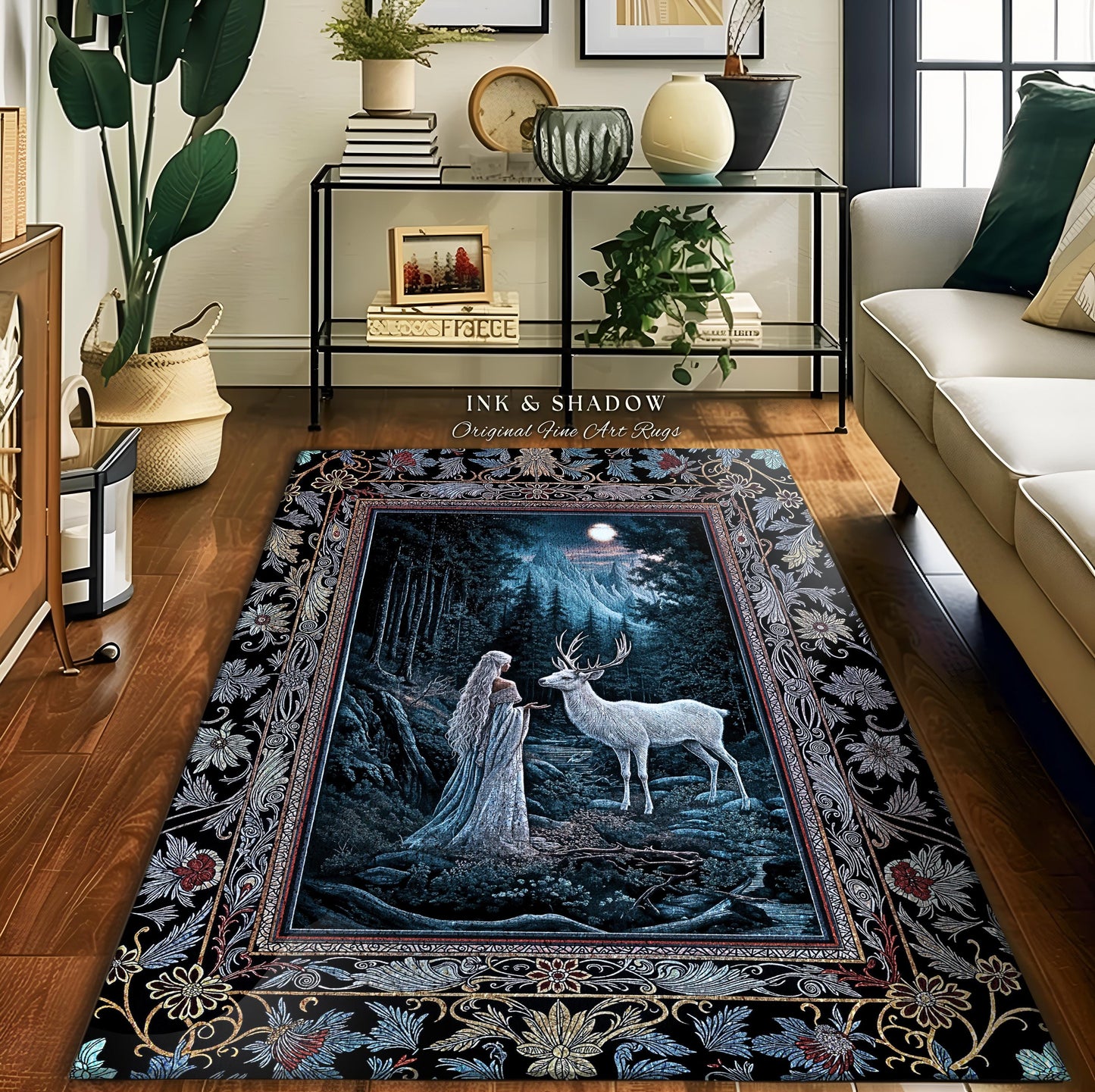 Midnight Magic Moonlit Fantasy Rug | Forest Goddess Spirit Animal Fairycore Ethereal Accent Rug Folklore Inspired Nature Area Rug Whimsigoth