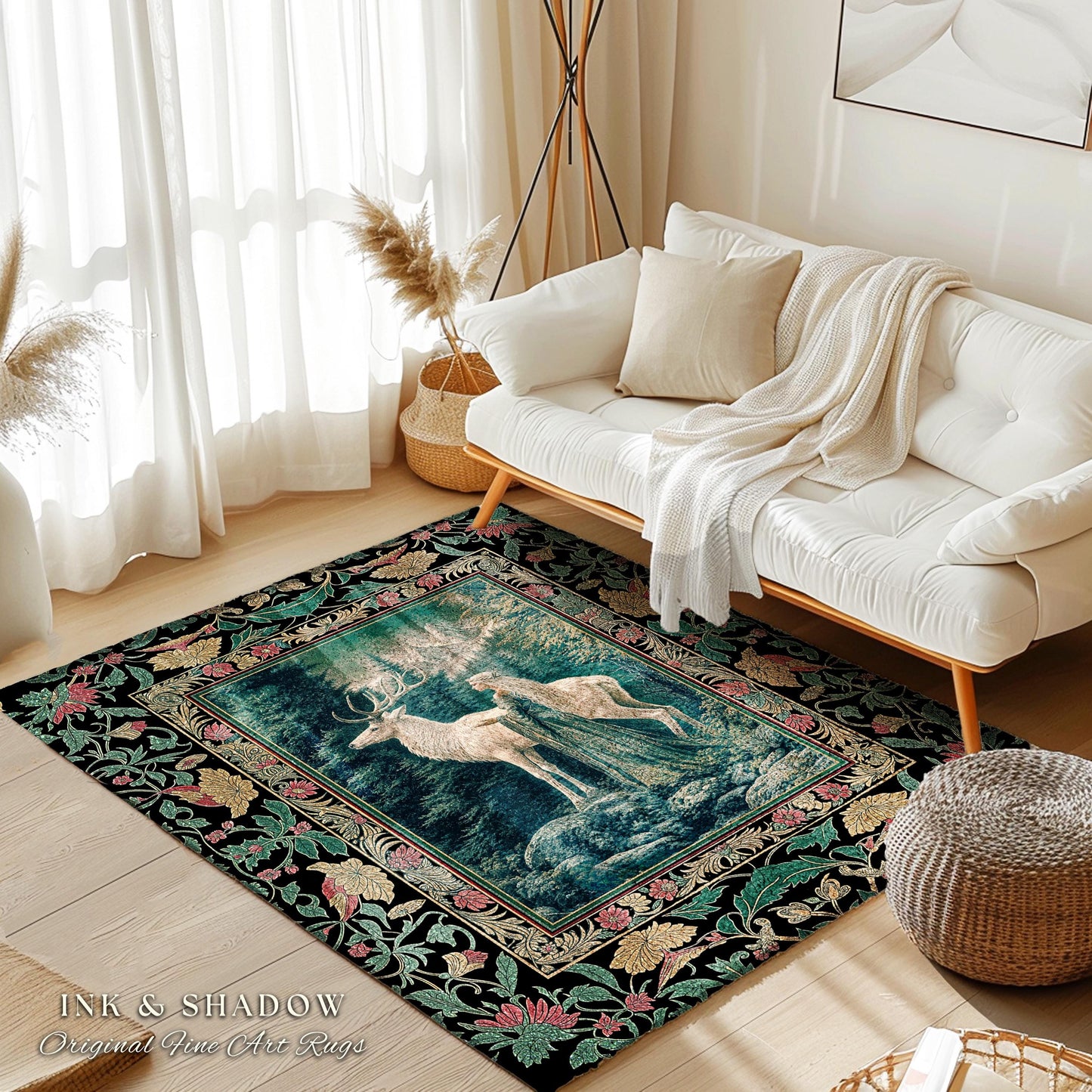 Woodland Guardian Ethereal Rug | Forest Goddess Accent Rug Folklore Fairytale Fantasy Renaissance Dark Academia Forest Spirit Animal Deer |