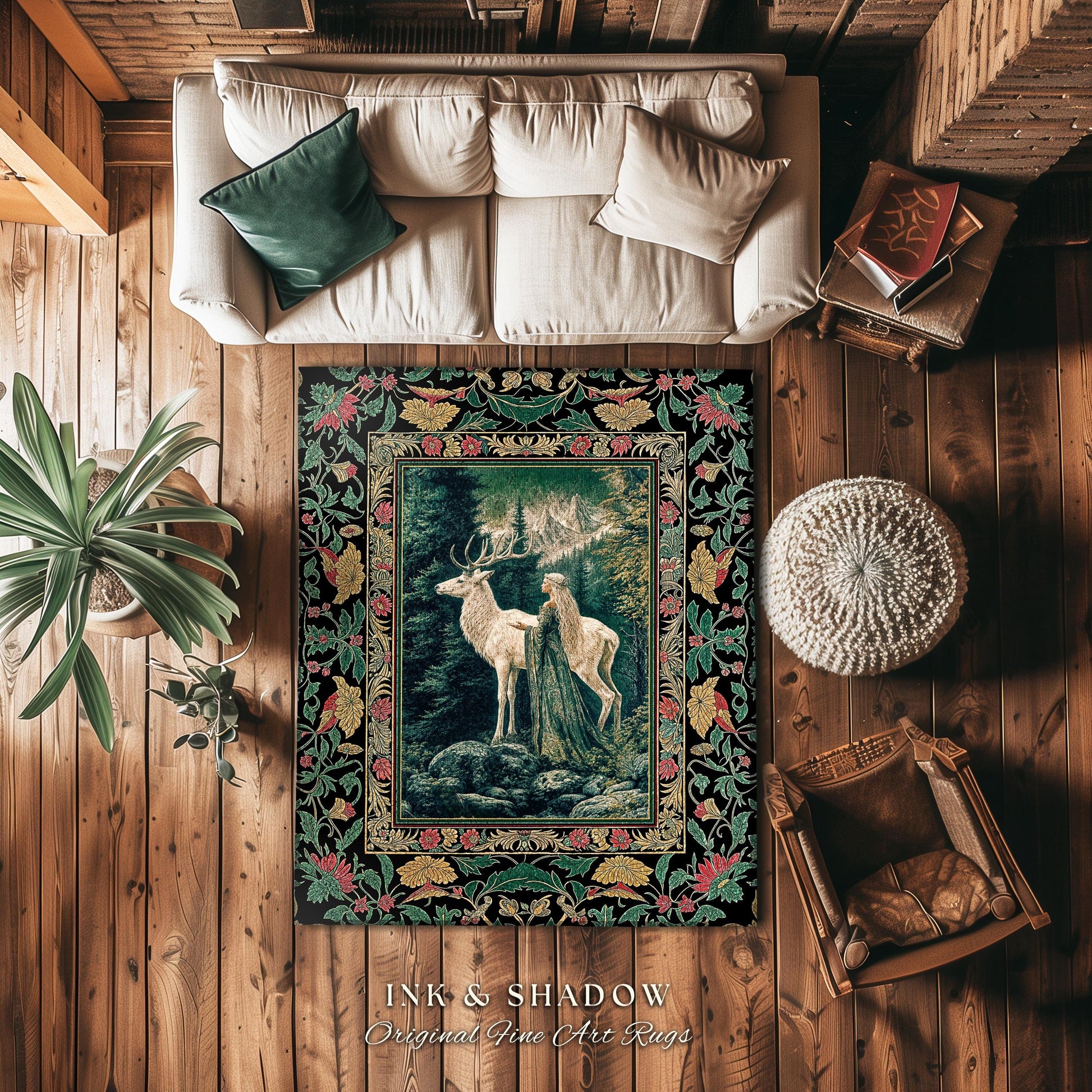 Woodland Guardian Ethereal Rug | Forest Goddess Accent Rug Folklore Fairytale Fantasy Renaissance Dark Academia Forest Spirit Animal Deer |