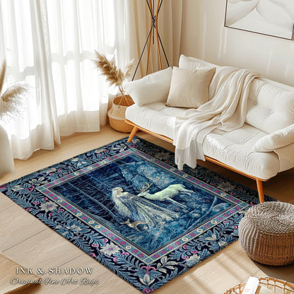 Spirit Animals Ethereal Goddess Rug | Storybook Aesthetic Magical Forest Nymph Fantasy Accent Rug Dark Victorian Woodland Floor Mystic Deer