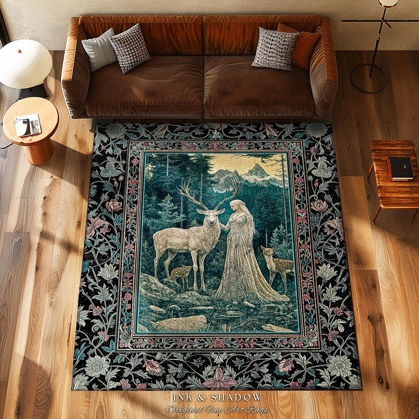 Twilight Forest Spirits Area Rug | Mythic Woodland Fairycore Accent Rug Royal Gothic Renaissance Folklore Landscape Woven Victorian Decor |