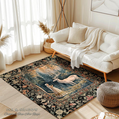 Mythic Landscape Gothic Forest Rug | Woodland Goddess Mystic Deer Area Rug Forest Nymph Fairycore Home Accent Magical Deer Botanical Scene |