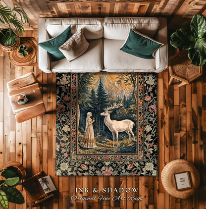 Mythic Landscape Gothic Forest Rug | Woodland Goddess Mystic Deer Area Rug Forest Nymph Fairycore Home Accent Magical Deer Botanical Scene |