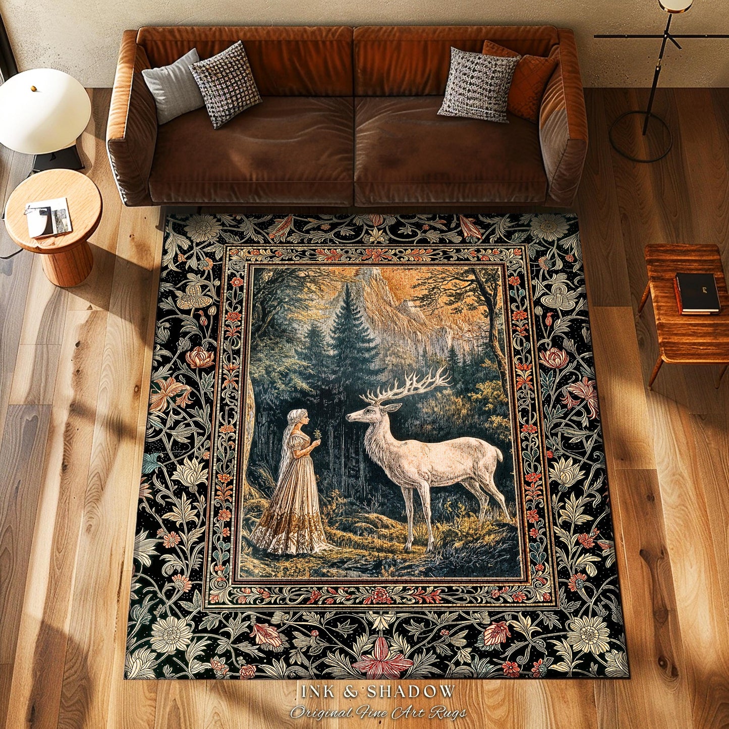 Mythic Landscape Gothic Forest Rug | Woodland Goddess Mystic Deer Area Rug Forest Nymph Fairycore Home Accent Magical Deer Botanical Scene |