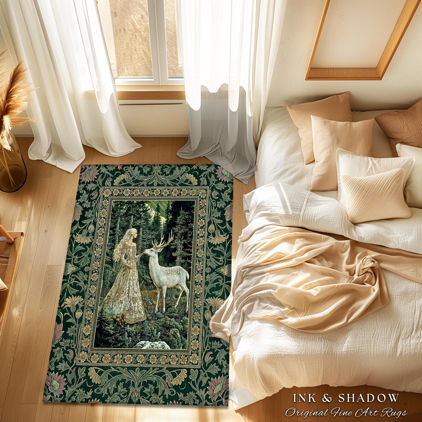 Botanical Folklore Ethereal Area Rug | Forest Elegance Mother Earth Rug Fantasy Decor Dark Green Bedroom Accent Dark Fairycore Romantic Art