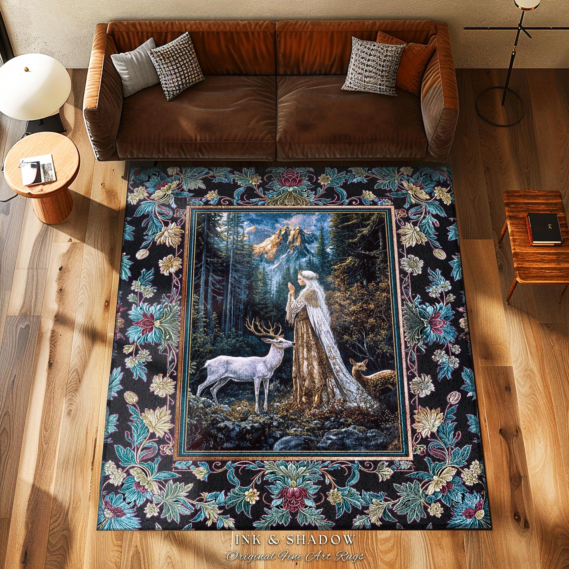 Magical Forest Fantasy Accent Rug | Ancient Druid Area Rug Woodland Spirit Animal Fairytale Decor Ethereal Bedroom Folklore Deer Artwork |