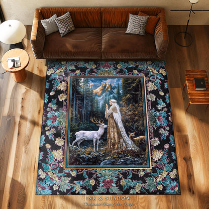 Magical Forest Fantasy Accent Rug | Ancient Druid Area Rug Woodland Spirit Animal Fairytale Decor Ethereal Bedroom Folklore Deer Artwork |