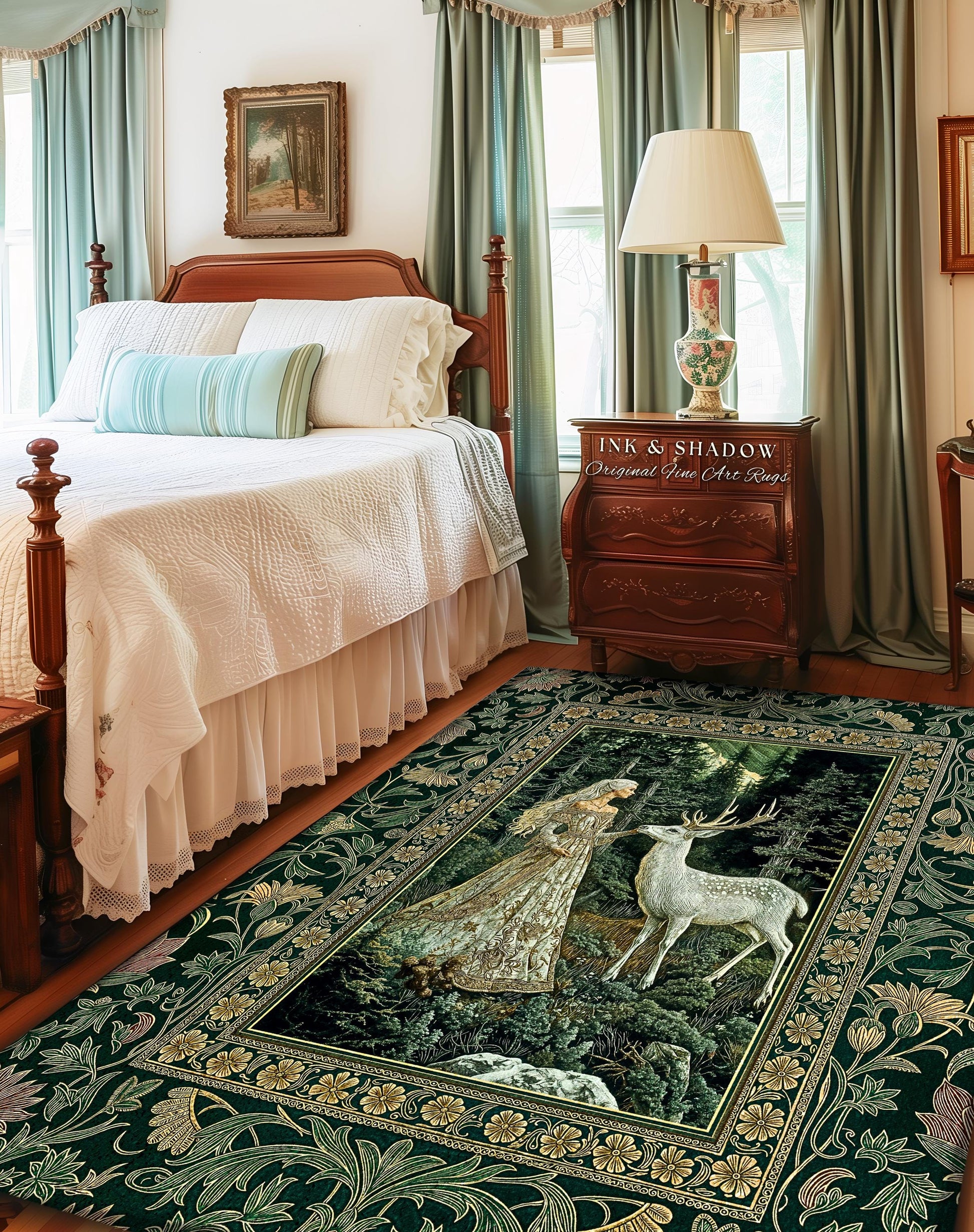 Botanical Folklore Ethereal Area Rug | Forest Elegance Mother Earth Rug Fantasy Decor Dark Green Bedroom Accent Dark Fairycore Romantic Art