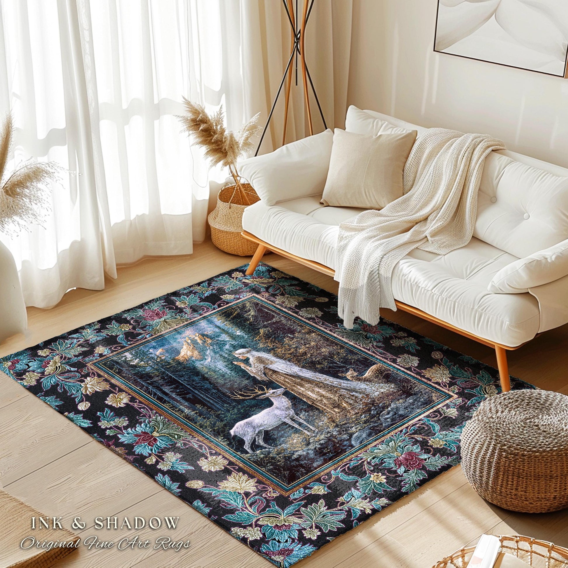 Magical Forest Fantasy Accent Rug | Ancient Druid Area Rug Woodland Spirit Animal Fairytale Decor Ethereal Bedroom Folklore Deer Artwork |