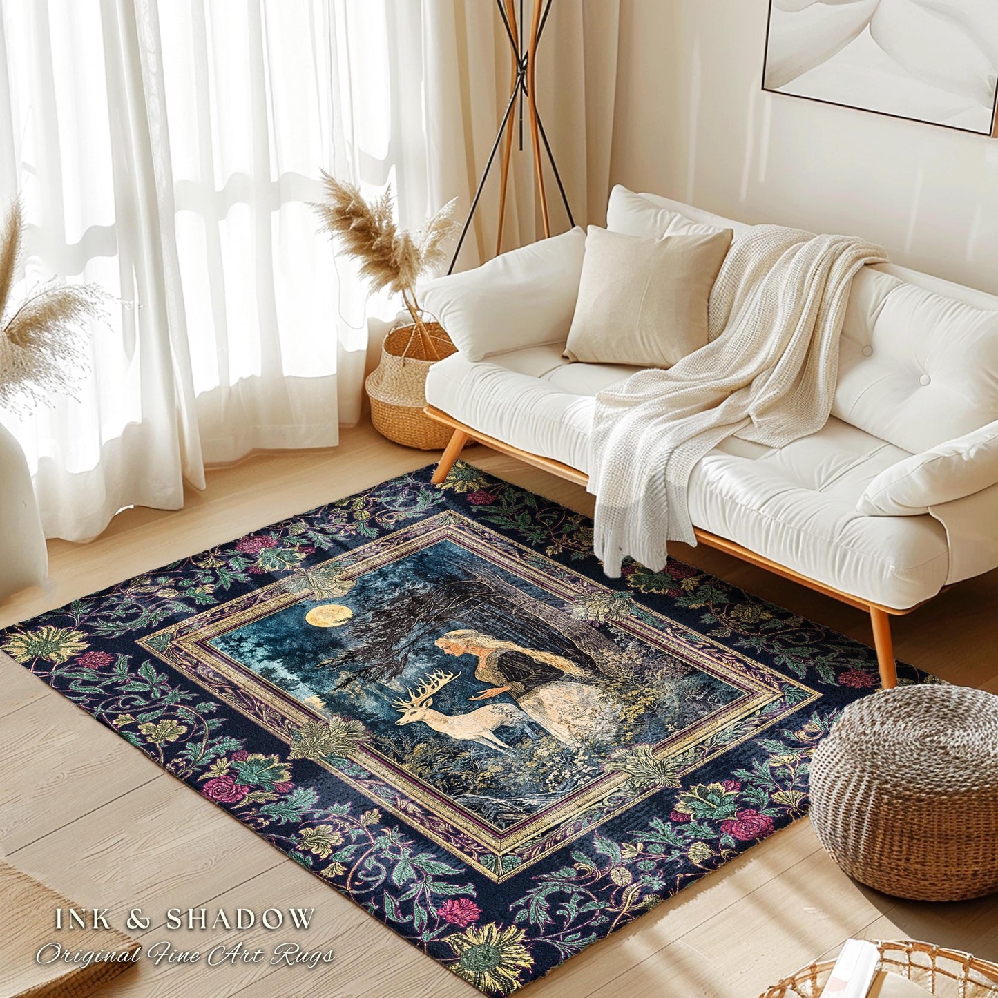 Moonlit Fairytale Mystic Area Rug | Woodland Gothic Forest Green Nature Goddess Home Accent Rug Folklore Botanical Fantasy Renaissance Style