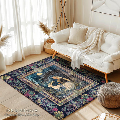 Moonlit Fairytale Mystic Area Rug | Woodland Gothic Forest Green Nature Goddess Home Accent Rug Folklore Botanical Fantasy Renaissance Style