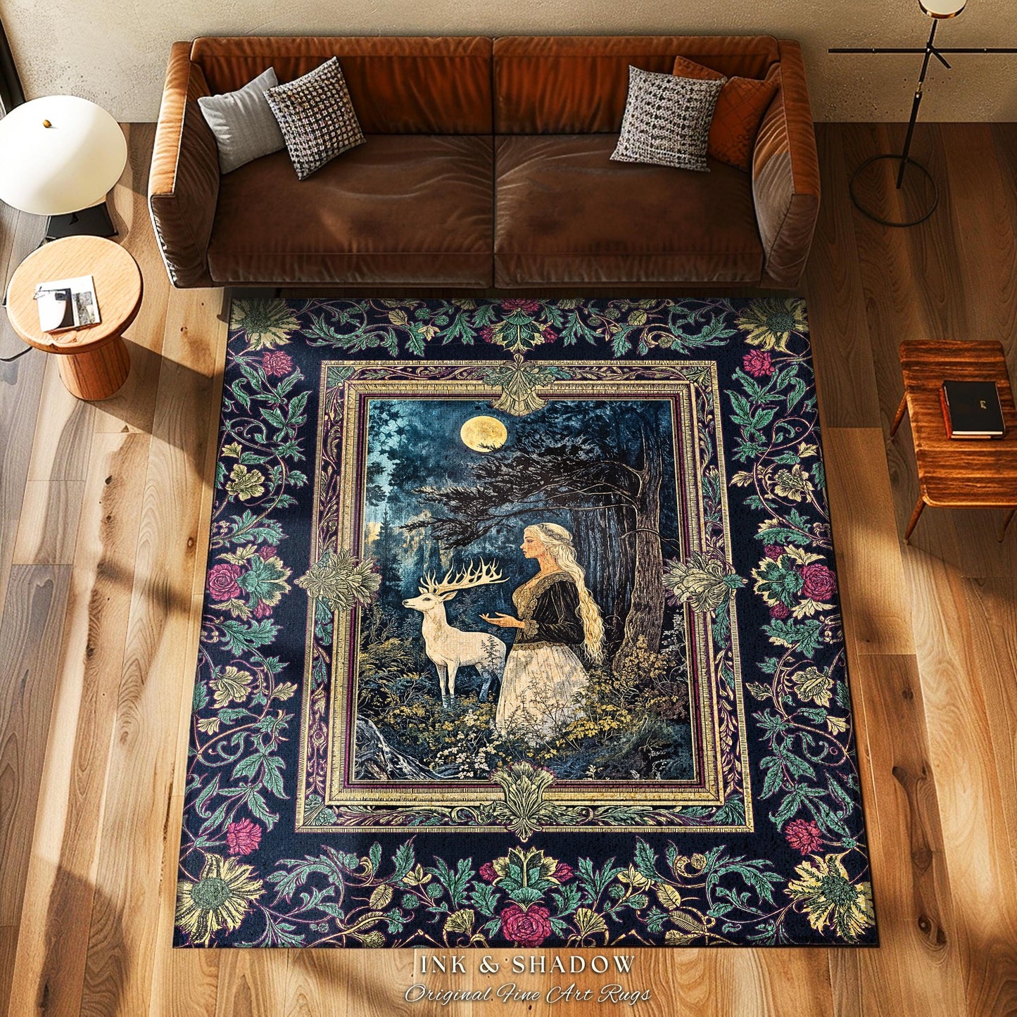 Moonlit Fairytale Mystic Area Rug | Woodland Gothic Forest Green Nature Goddess Home Accent Rug Folklore Botanical Fantasy Renaissance Style