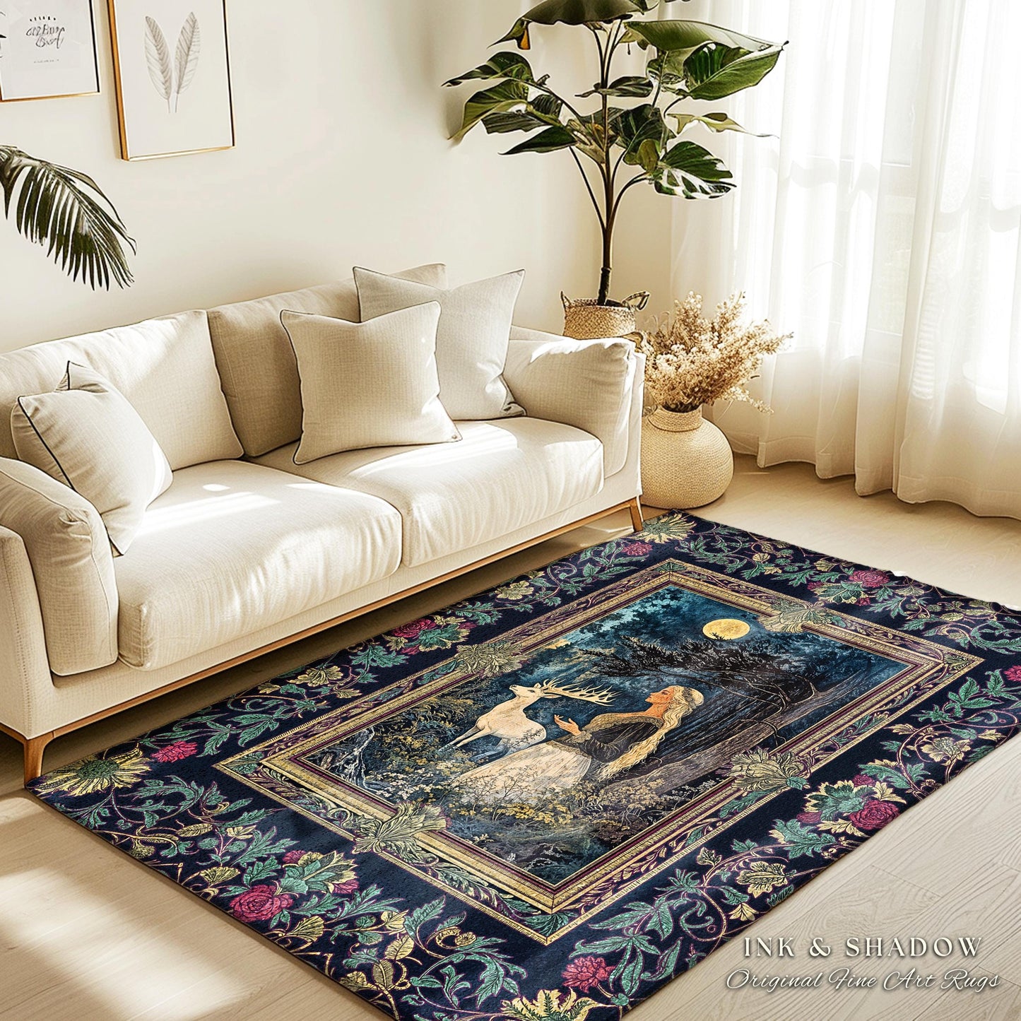 Moonlit Fairytale Mystic Area Rug | Woodland Gothic Forest Green Nature Goddess Home Accent Rug Folklore Botanical Fantasy Renaissance Style