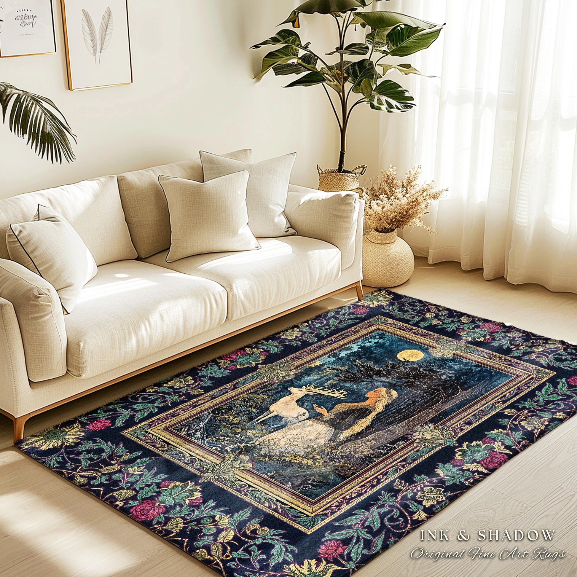 Moonlit Fairytale Mystic Area Rug | Woodland Gothic Forest Green Nature Goddess Home Accent Rug Folklore Botanical Fantasy Renaissance Style