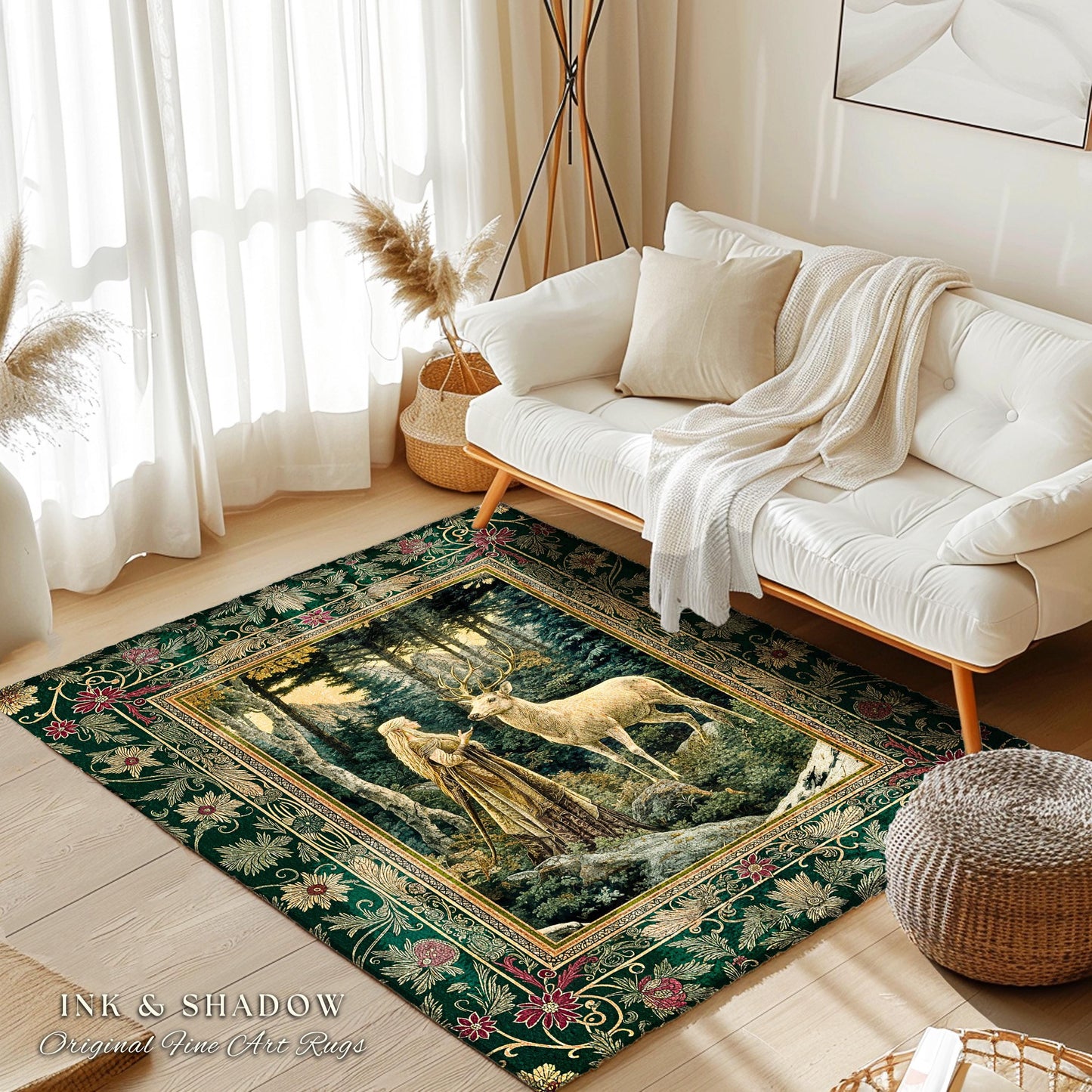 Emerald Forest Spirits Area Rug | Botanical Elegance Woodland Spirits Dark Green Accent Goth Fairycore Romantic Aesthetic Gothic Deer Rug