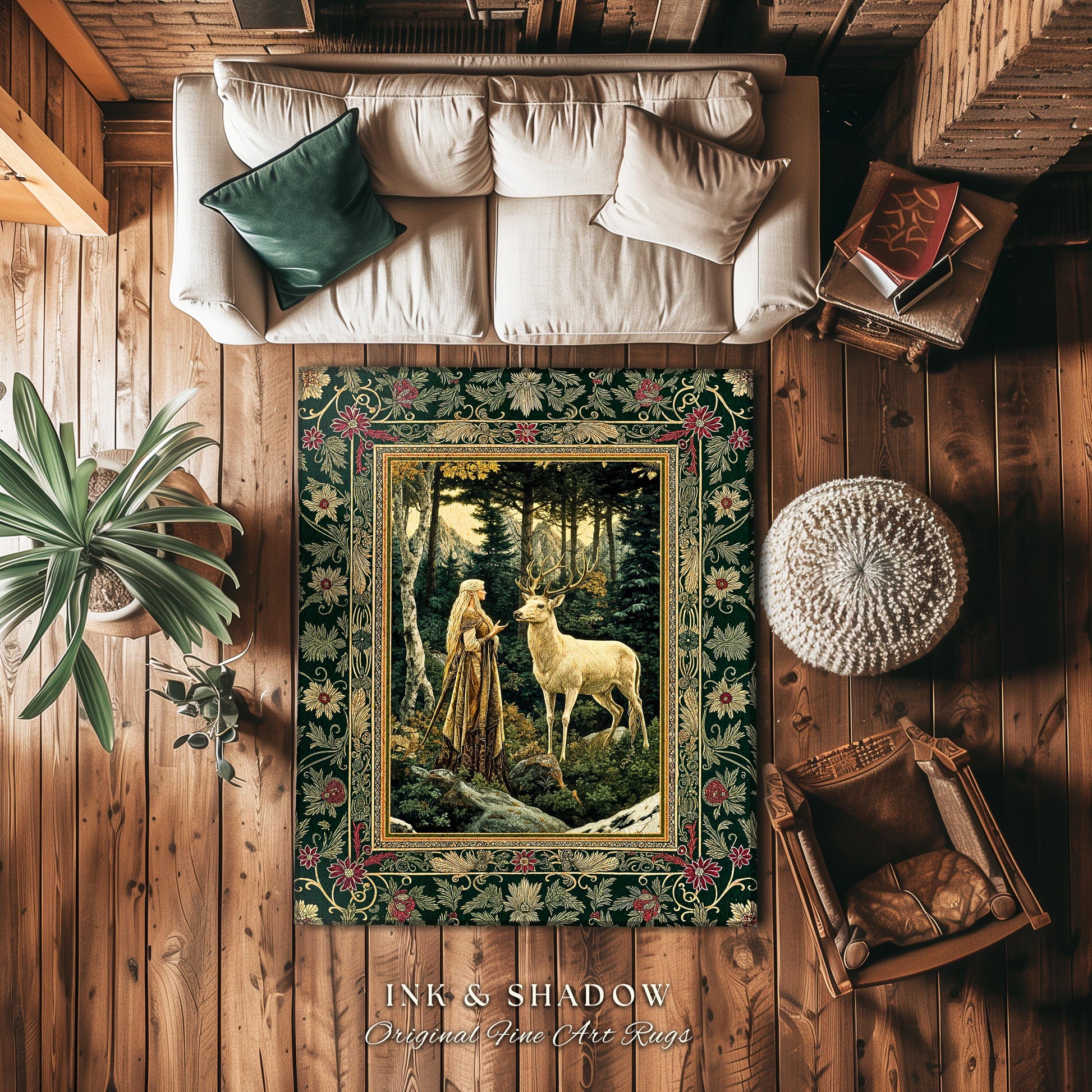 Emerald Forest Spirits Area Rug | Botanical Elegance Woodland Spirits Dark Green Accent Goth Fairycore Romantic Aesthetic Gothic Deer Rug