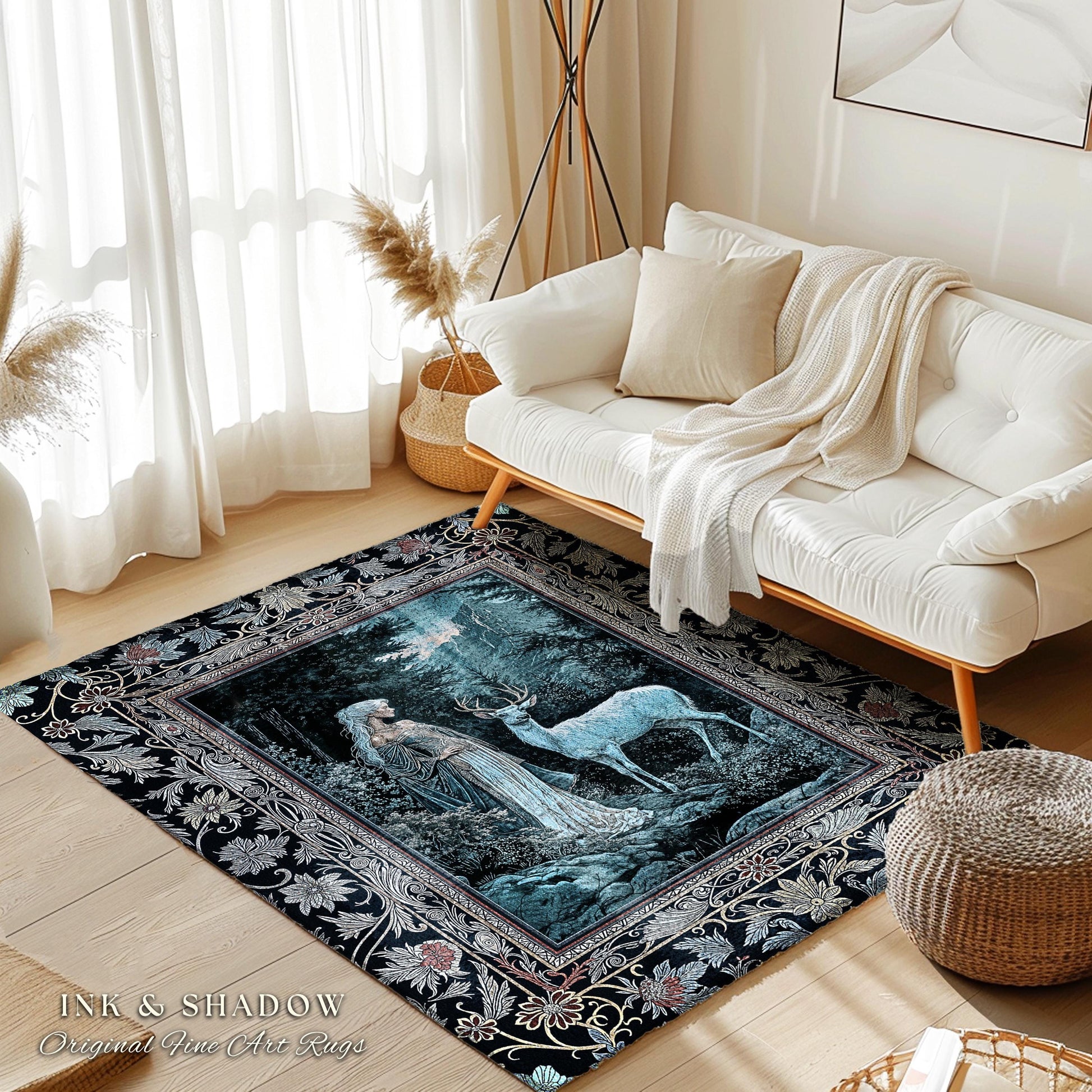 Dreamy Aesthetic Folklore Area Rug | Moody Landscape Dreamy Woodland Gothic Nature Spirit Botanical Area Rug Botanical Fantasy Moody Artwork
