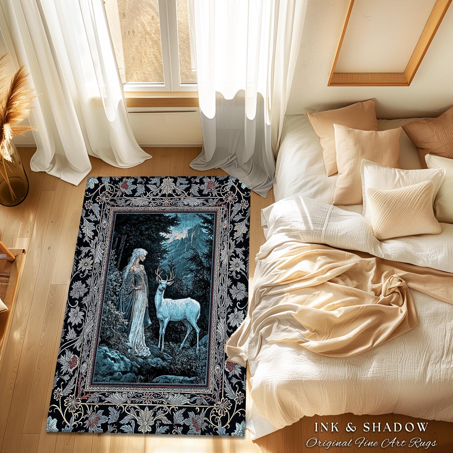 Dreamy Aesthetic Folklore Area Rug | Moody Landscape Dreamy Woodland Gothic Nature Spirit Botanical Area Rug Botanical Fantasy Moody Artwork