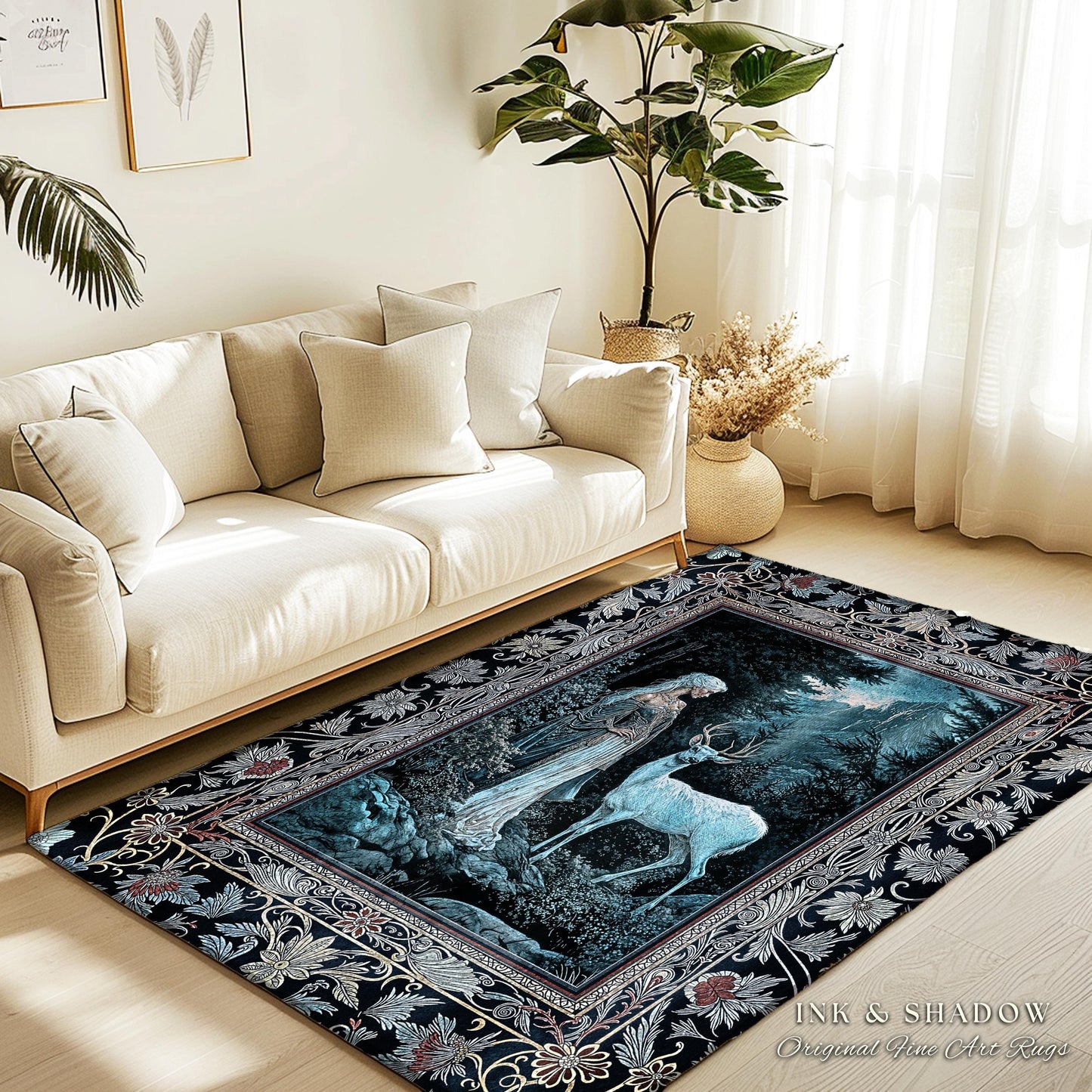 Dreamy Aesthetic Folklore Area Rug | Moody Landscape Dreamy Woodland Gothic Nature Spirit Botanical Area Rug Botanical Fantasy Moody Artwork