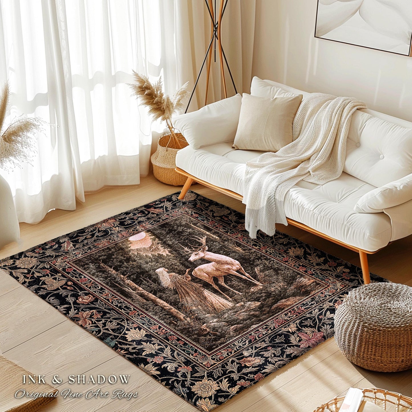 Gothic Woodland Fantasy Accent Rug | Folklore inspired Nature Landscape Area Rug Fantasy Aesthetic Victorian Dark Academia Deer Princess |