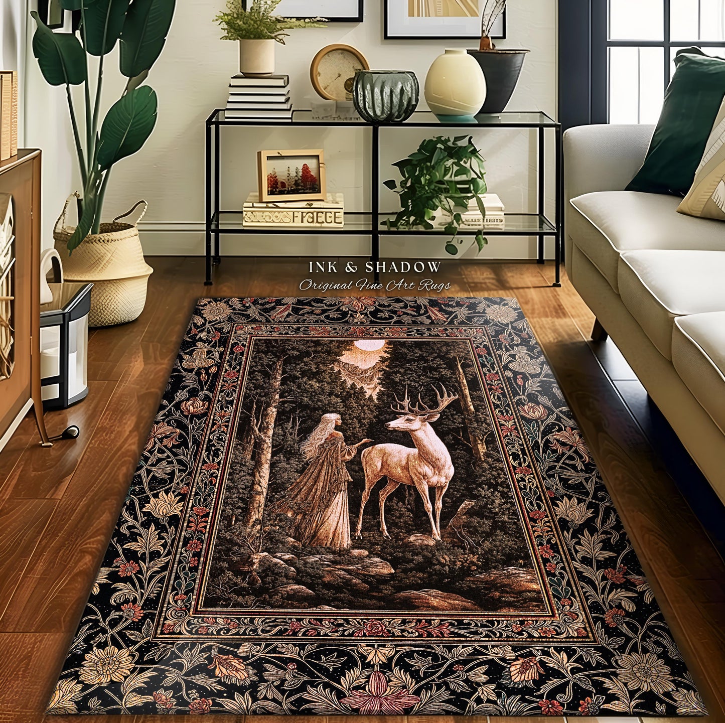 Gothic Woodland Fantasy Accent Rug | Folklore inspired Nature Landscape Area Rug Fantasy Aesthetic Victorian Dark Academia Deer Princess |