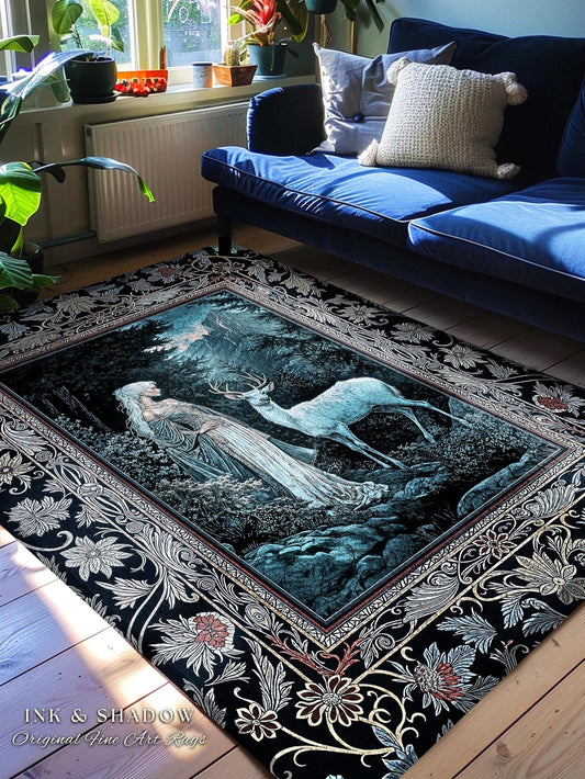 Dreamy Aesthetic Folklore Area Rug | Moody Landscape Dreamy Woodland Gothic Nature Spirit Botanical Area Rug Botanical Fantasy Moody Artwork