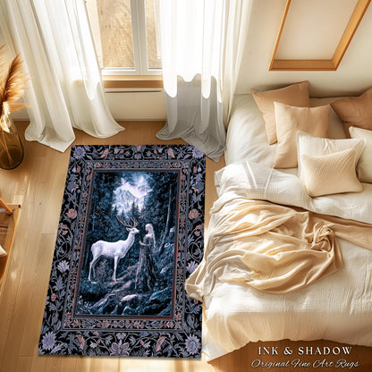 Goddess of the Woods Area Rug | Ethereal Forest Folklore Inspired Nature Accent Rug Botanical Cottagecore Medieval Deer Magic Romantic Decor