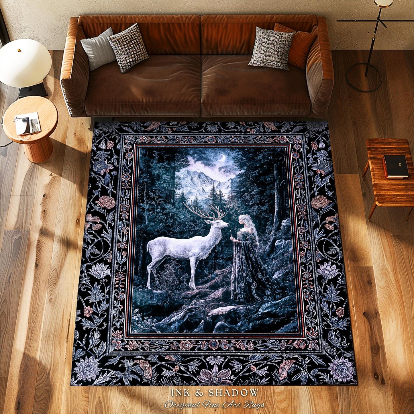 Goddess of the Woods Area Rug | Ethereal Forest Folklore Inspired Nature Accent Rug Botanical Cottagecore Medieval Deer Magic Romantic Decor