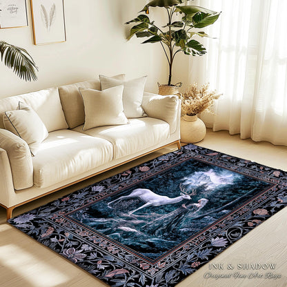 Goddess of the Woods Area Rug | Ethereal Forest Folklore Inspired Nature Accent Rug Botanical Cottagecore Medieval Deer Magic Romantic Decor