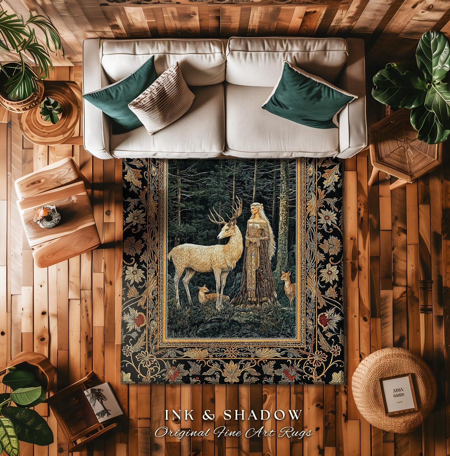 Dark Renaissance Woodland Rug | Elegant Fairycore Area Rug Mythic Landscape Gothic Forest Spirit Animal Enchanted Forest Nymph Home Accent |