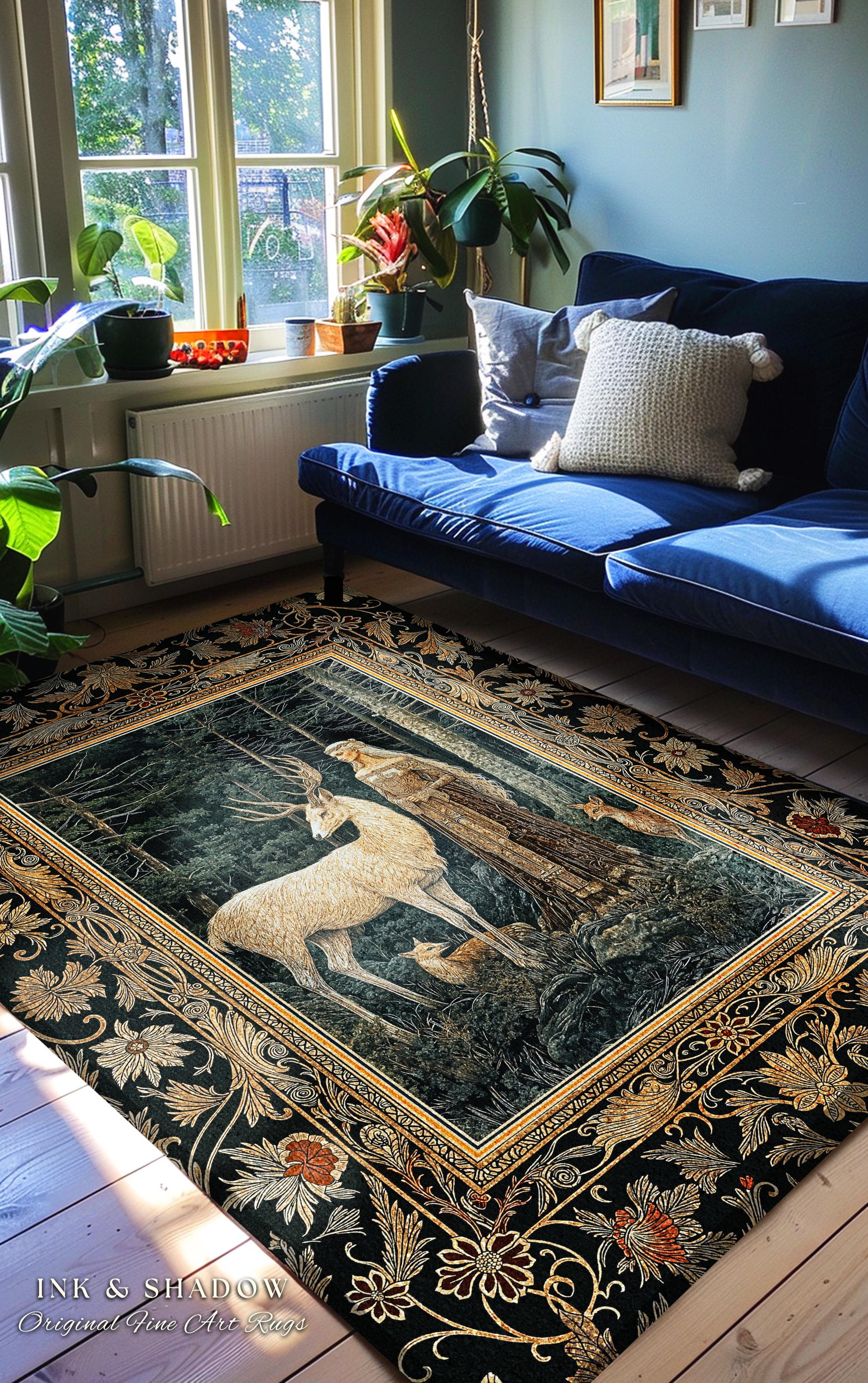 Dark Renaissance Woodland Rug | Elegant Fairycore Area Rug Mythic Landscape Gothic Forest Spirit Animal Enchanted Forest Nymph Home Accent |