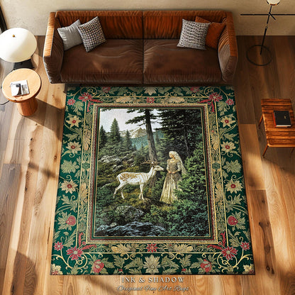 Fairytale Forest Fantasy Bedroom Rug | Woodland Whimsy Nymph Area Rug Emerald Green Dark Fairycore Romantic Victorian Gothic Home Accent |