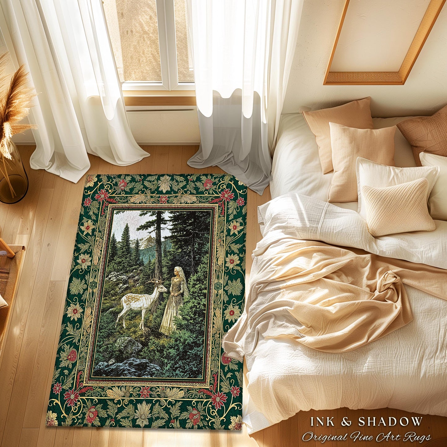 Fairytale Forest Fantasy Bedroom Rug | Woodland Whimsy Nymph Area Rug Emerald Green Dark Fairycore Romantic Victorian Gothic Home Accent |