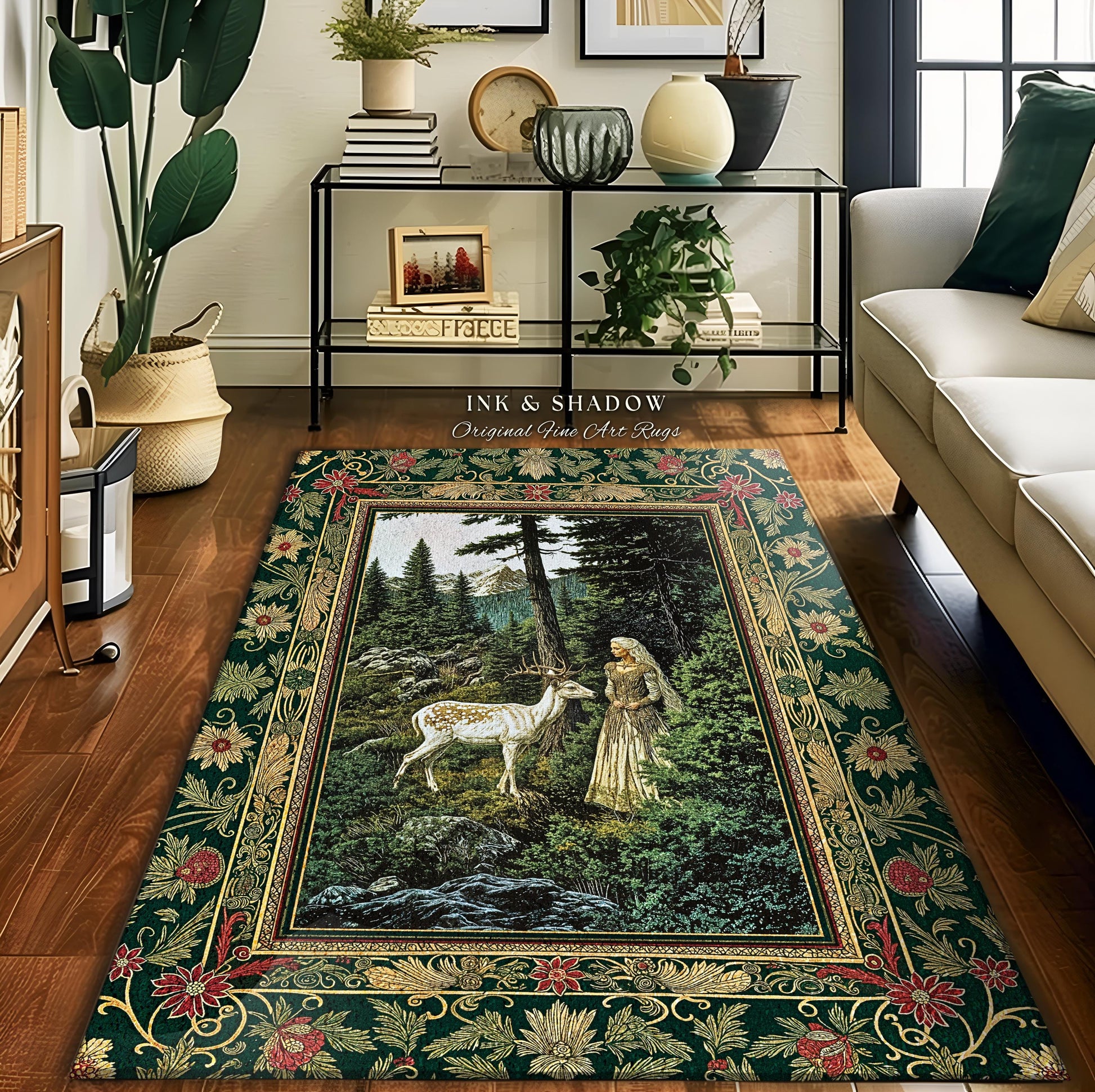 Fairytale Forest Fantasy Bedroom Rug | Woodland Whimsy Nymph Area Rug Emerald Green Dark Fairycore Romantic Victorian Gothic Home Accent |