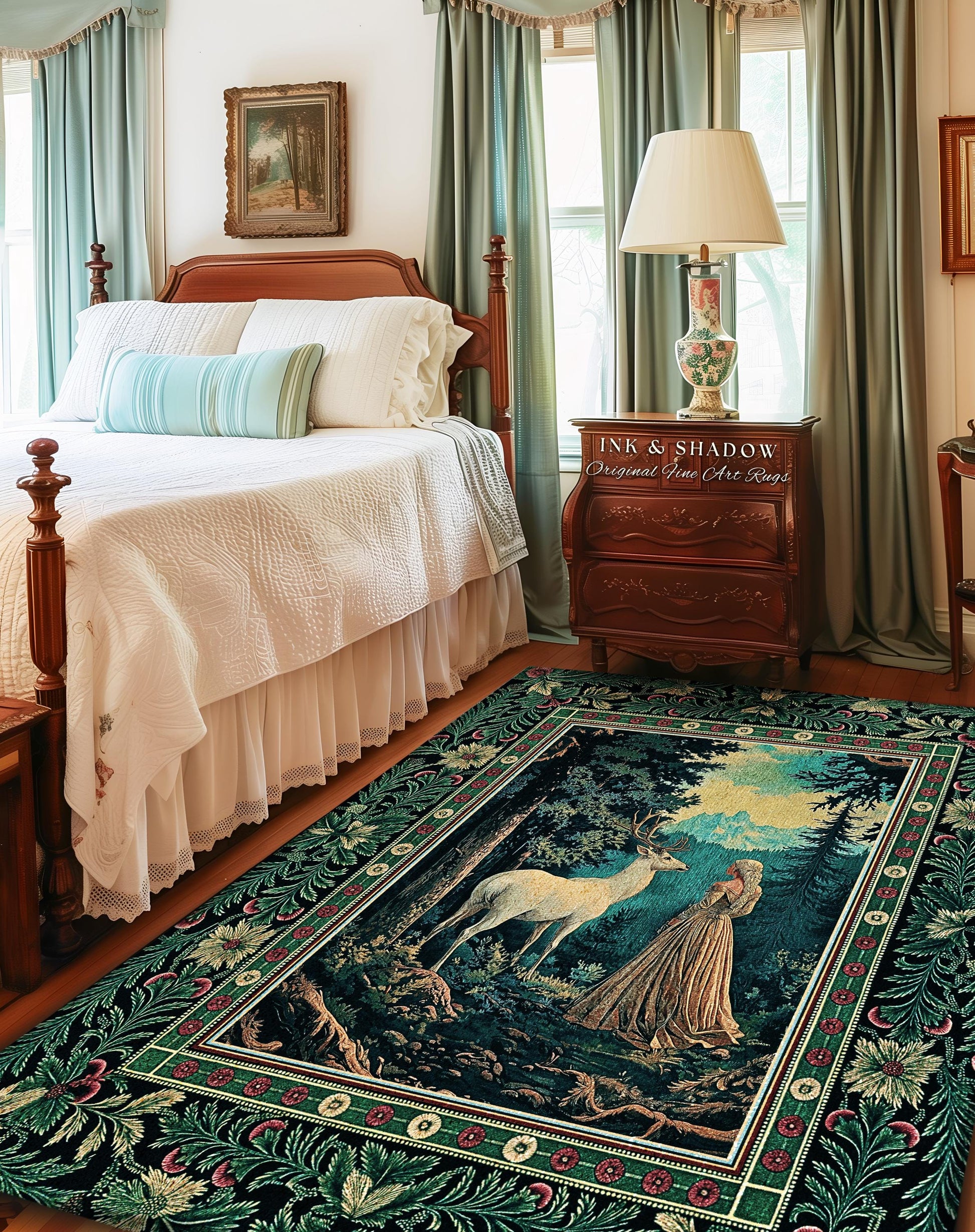 Faerie Realm Mystic Forest Area Rug | Enchanted Gothic Landscape Dark Academia Nature Spirits Ethereal Accent Decor Renaissance Magical Art